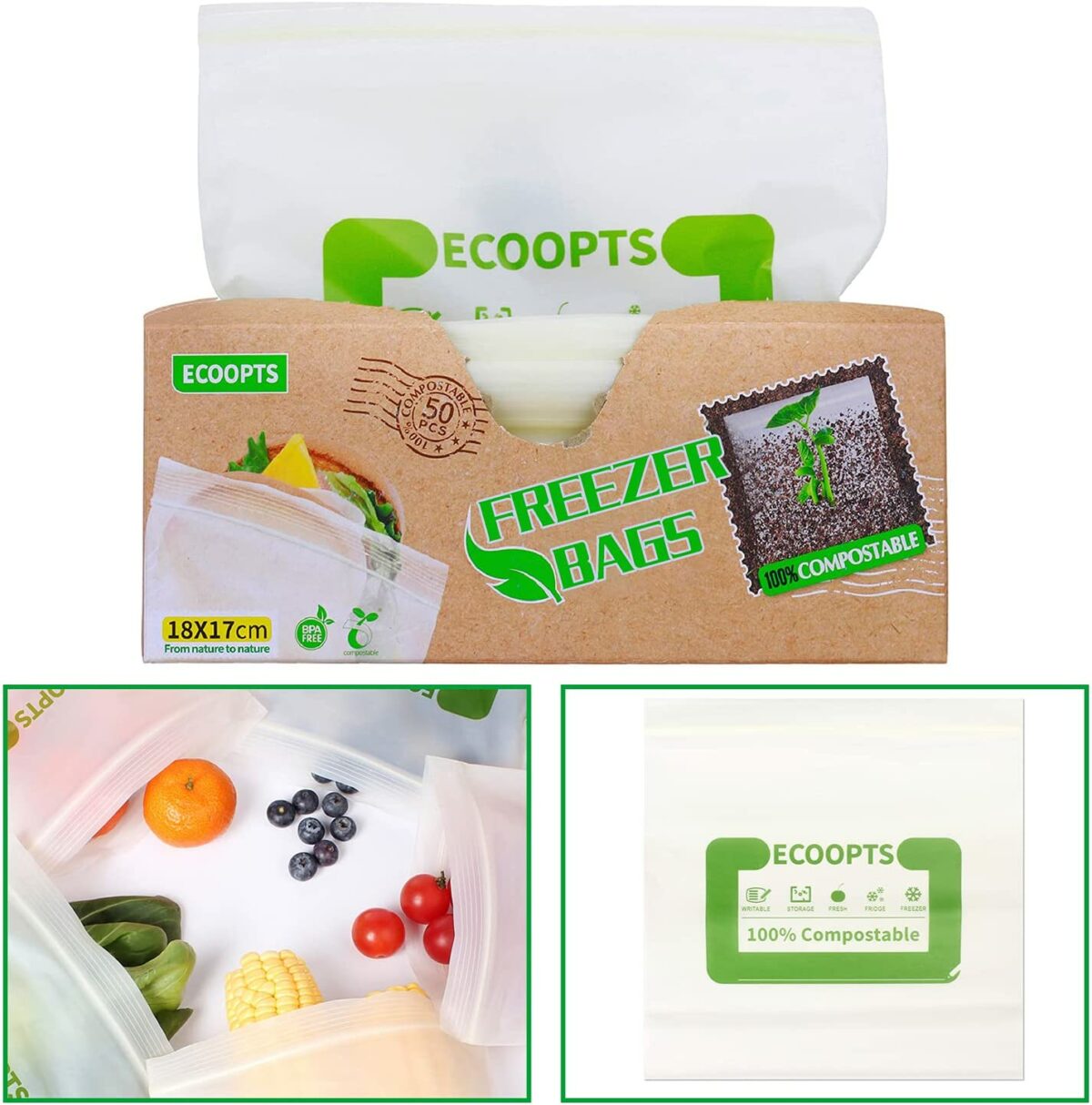 50 Pack ECOOPTS 100 Compostable Food Storage Freezer Bags Storage